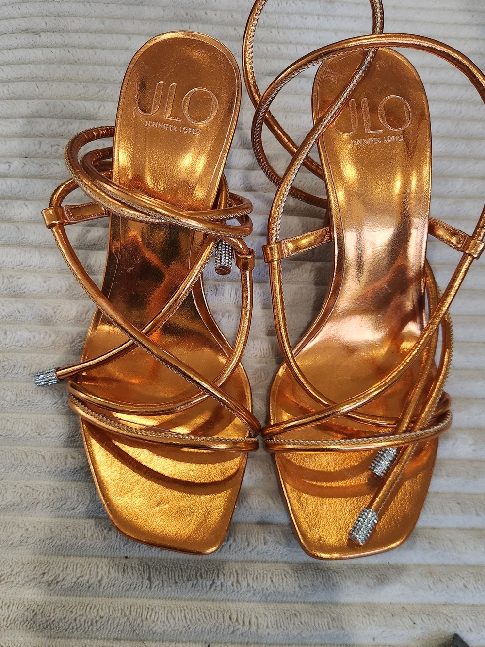 Jennifer Lopez Metallic Copper Wrap-Strap Heels